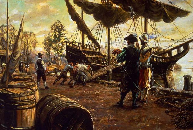 Naseljenici bacaju bačve duhana uz rampu i na brod u pripremi za izvoz, Jamestown, Virginia, 1615.