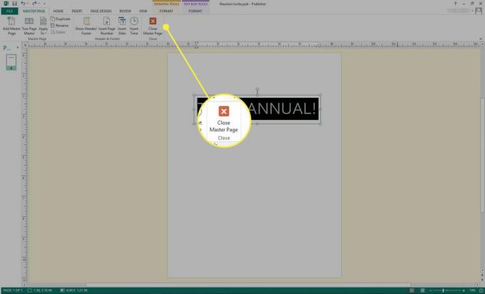 Snimka zaslona programa Microsoft Publisher s istaknutim gumbom "Zatvori glavnu stranicu"