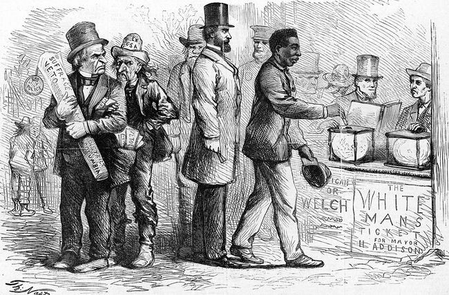 Ožujak 1867., Harper's Weekly politička karikatura američkog karikaturista Thomasa Nasta, koja prikazuje Afroamerikanca čovjek koji ubacuje svoj listić u glasačku kutiju tijekom izbora u Georgetownu dok Andrew Jackson i drugi gledaju ljutito.
