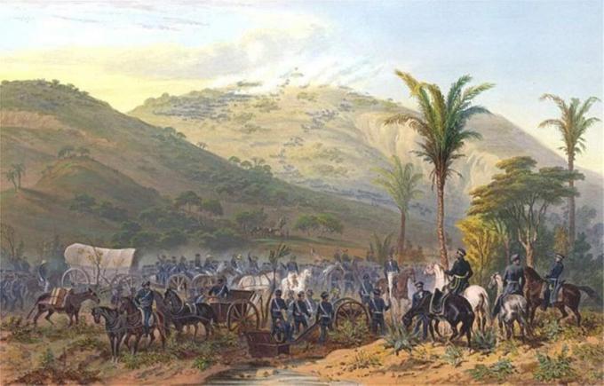 Američke trupe u plavom boji napreduju prema brdu u bitci kod Cerro Gordo, 1847.