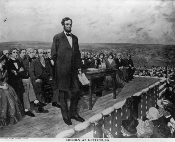 Abraham Lincoln, 16. predsjednik Sjedinjenih Američkih Država, drži svoj glasoviti govor u 'Gettysburškom obraćanju', 19. studenog 1863.
