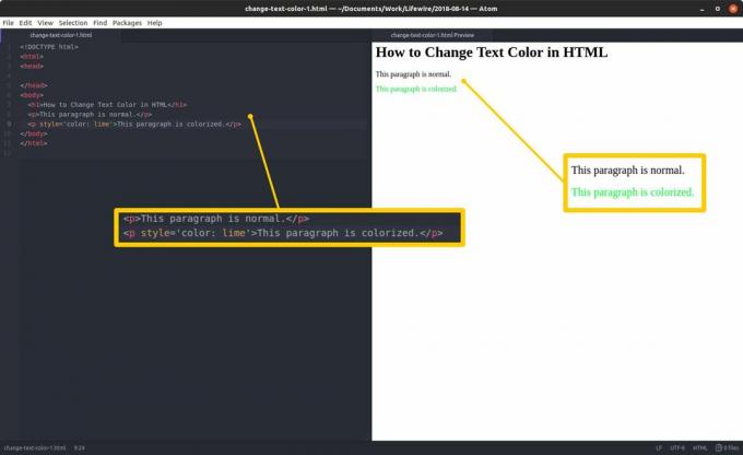 Uređivač koda s HTML-om i istaknutim odjeljcima s lijeve strane i HTML pregledom i istaknutim rezultatima s desne strane