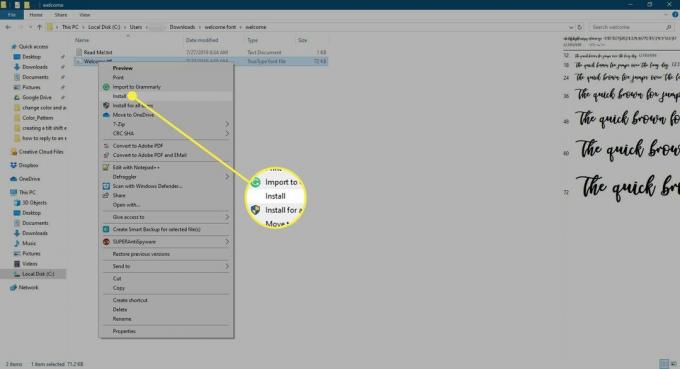 Snimka zaslona izbornika opcija za datoteku fonta s istaknutom opcijom Instaliraj