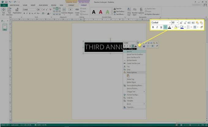Snimka zaslona programa Microsoft Publisher s istaknutim alatima za oblikovanje teksta
