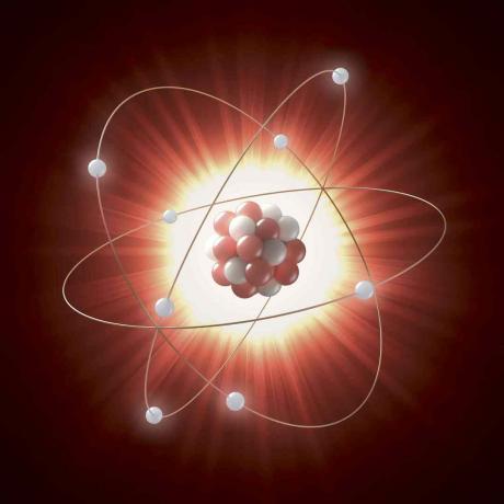 Ilustracija atomskog jezgra kao niza crvenih i bijelih krugova u krugu od elektrona predstavljenih bijelim krugovima.