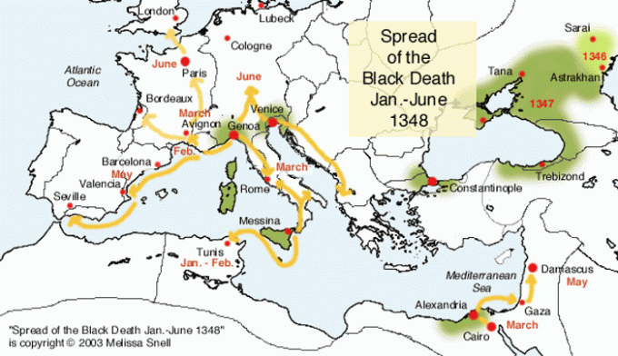 Širina crne smrti siječanj-lipanj 1348. Brzi udar