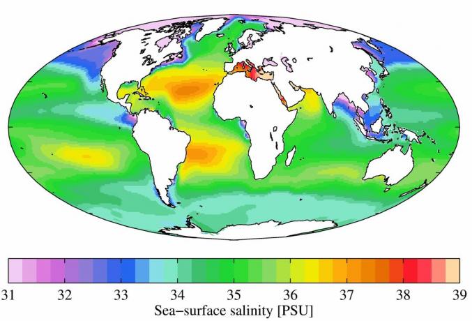 Srednja godišnja saliniteta morske površine iz Atlasa Svjetskog oceana iz 2009. godine. Slanost je navedena u jedinicama praktične slanosti (PSU).