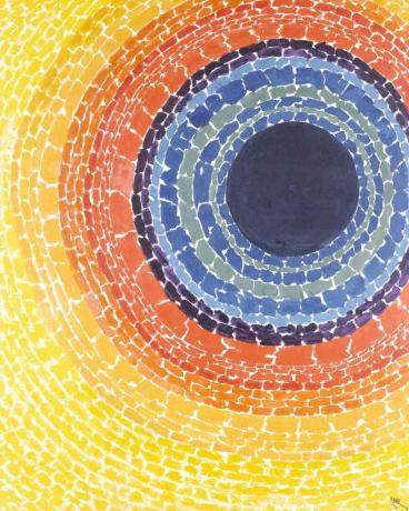 Koncentrični krug Apstrakcija sa žutim vanjskim slojevima, narančastom, ljubičastom i plavom unutarnjom kružnicom