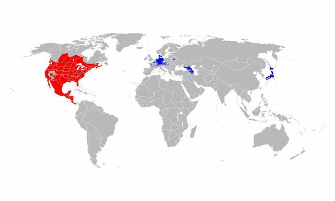 Prirodni raspon rakuna (crveni) i uvedeni raspon (plava).
