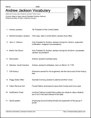 Andrew Jackson vokabulary Study Sheet