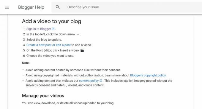Stranica za pomoć Bloggera o dodavanju videozapisa na vaš blog
