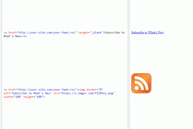 Snimka zaslona koja prikazuje dva načina povezivanja sa RSS feedom pomoću HTML-a