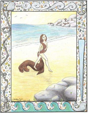 Zlonamjerna žena izlazi iz mora i odbacuje kožu tuljana.
