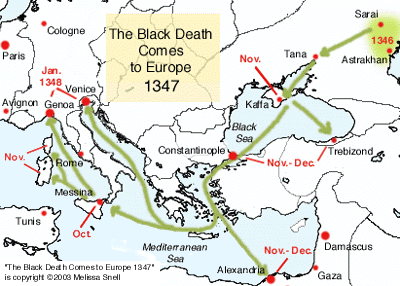 Dolazak bolesti u istočnu Europu i Italiju Crna smrt dolazi u Europu, 1347