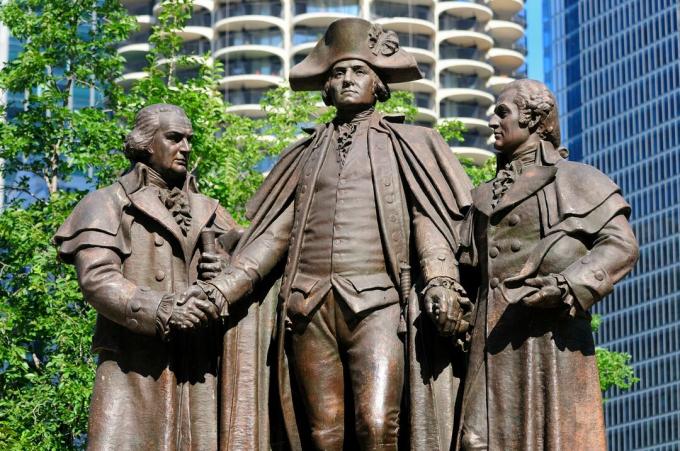 Kip Roberta Morrisa, Georgea Washingtona i Hayma Salomona počiva na Wacker Driveu u Chicagu, Illinois, SAD