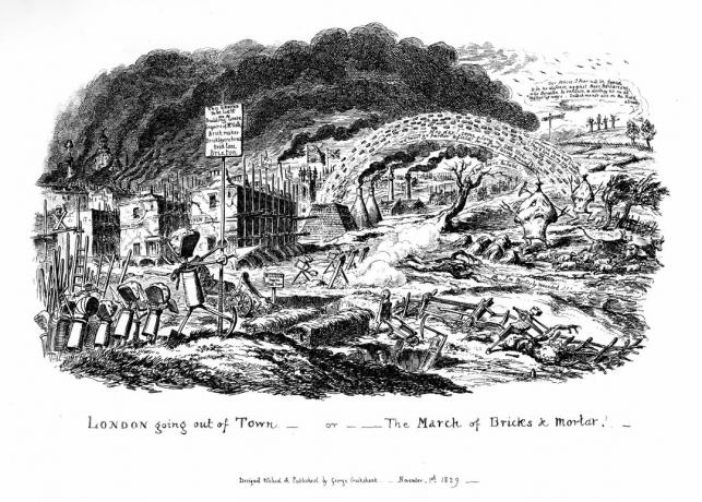 'London izlazi iz grada - ili The March of Bricks and Mortar', 1829. Umjetnik: George Cruikshank