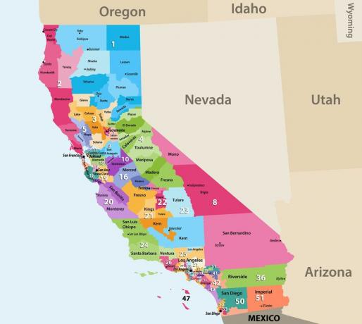 Karta 53 američka kongresna okruga u Kaliforniji.